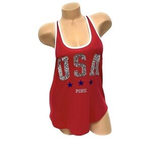 PINK Victoria’s Secret USA Patriotic Graphic Bling Sequin Racer Tank Sz Medium